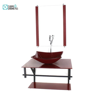 GABINETE DE VIDRO PARA BANHEIRO 60CM AP CUBA RETANGULAR VERMELHO CEREJA FULL COM TORNEIRA CROMADA