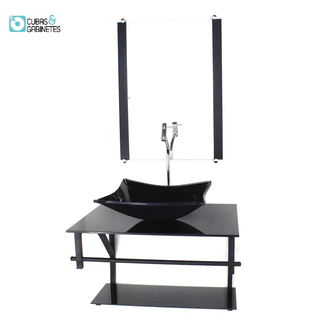GABINETE DE VIDRO PARA BANHEIRO 60CM AP CUBA RETANGULAR PRETO FULL COM TORNEIRA CROMADA