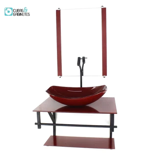 GABINETE DE VIDRO PARA BANHEIRO 60CM AP CUBA OVAL CHANFRADA VERMELHO CEREJA FULL COM TORNEIRA PRETA