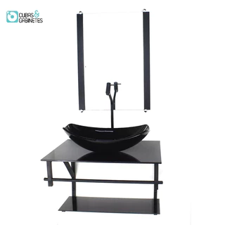 GABINETE DE VIDRO PARA BANHEIRO 60CM AP CUBA OVAL CHANFRADA PRETO FULL COM TORNEIRA PRETA