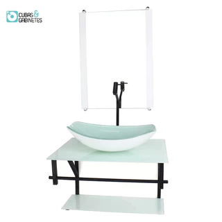 GABINETE DE VIDRO PARA BANHEIRO 60CM AP CUBA OVAL CHANFRADA BRANCO FULL COM TORNEIRA PRETA
