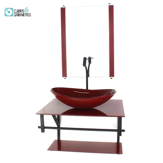 GABINETE DE VIDRO PARA BANHEIRO 60CM AP CUBA OVAL VERMELHO CEREJA FULL COM TORNEIRA PRETA
