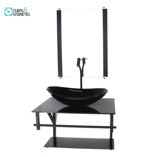 GABINETE DE VIDRO PARA BANHEIRO 60CM AP CUBA OVAL PRETO FULL COM TORNEIRA PRETA