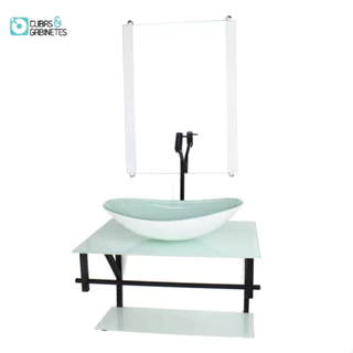 GABINETE DE VIDRO PARA BANHEIRO 60CM AP CUBA OVAL BRANCO FULL COM TORNEIRA PRETA