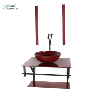 GABINETE DE VIDRO PARA BANHEIRO 60CM AP CUBA REDONDA VERMELHO CEREJA FULL COM TORNEIRA PRETA