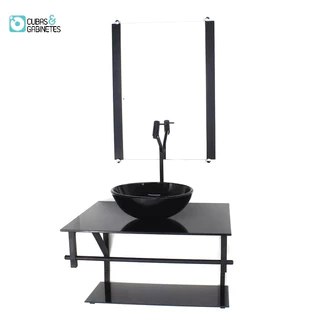 GABINETE DE VIDRO PARA BANHEIRO 60CM AP CUBA REDONDA PRETO FULL COM TORNEIRA PRETA