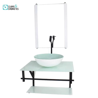 GABINETE DE VIDRO PARA BANHEIRO 60CM AP CUBA REDONDA BRANCO FULL COM TORNEIRA PRETA