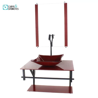 GABINETE DE VIDRO PARA BANHEIRO 60CM AP CUBA QUADRADA VERMELHO CEREJA FULL COM TORNEIRA PRETA