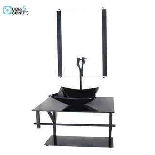 GABINETE DE VIDRO PARA BANHEIRO 60CM AP CUBA QUADRADA PRETO FULL COM TORNEIRA PRETA