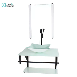 GABINETE DE VIDRO PARA BANHEIRO 60CM AP CUBA QUADRADA BRANCO FULL COM TORNEIRA PRETA