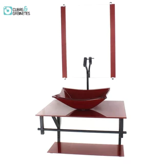 GABINETE DE VIDRO PARA BANHEIRO 60CM AP CUBA RETANGULAR VERMELHO CEREJA FULL COM TORNEIRA PRETA