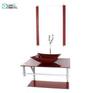GABINETE DE VIDRO PARA BANHEIRO 60CM AC CUBA RETANGULAR VERMELHO CEREJA FULL COM TORNEIRA CROMADA