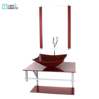 GABINETE DE VIDRO PARA BANHEIRO 60CM AC CUBA QUADRADA VERMELHO CEREJA FULL COM TORNEIRA CROMADA
