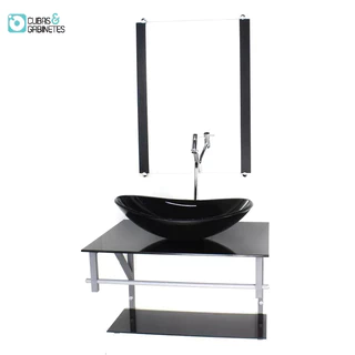 GABINETE DE VIDRO PARA BANHEIRO 60CM AC CUBA OVAL PRETO FULL COM TORNEIRA CROMADA