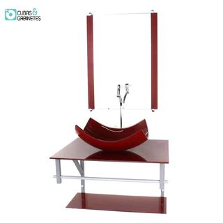 GABINETE DE VIDRO PARA BANHEIRO 60CM AC CUBA RETANGULAR CURVADA VERMELHO CEREJA FULL COM TORNEIRA CROMADA
