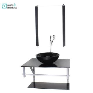 GABINETE DE VIDRO PARA BANHEIRO 60CM AC CUBA REDONDA PRETO FULL COM TORNEIRA CROMADA