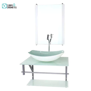 GABINETE DE VIDRO PARA BANHEIRO 60CM AC CUBA OVAL CHANFRADA BRANCO FULL COM TORNEIRA CROMADA