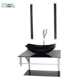 GABINETE DE VIDRO PARA BANHEIRO 60CM AC CUBA OVAL CHANFRADA PRETO FULL COM TORNEIRA CROMADA