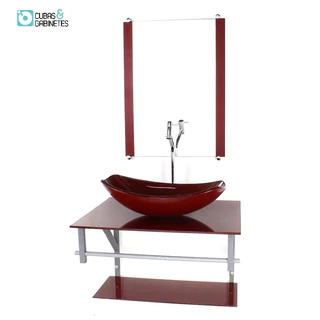 GABINETE DE VIDRO PARA BANHEIRO 60CM AC CUBA OVAL CHANFRADA VERMELHO CEREJA FULL COM TORNEIRA CROMADA
