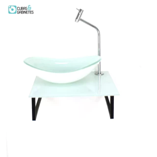 KIT CUBA DE VIDRO OVAL 10MM COM TAMPO 40CM BRANCO FULL E SUPORTE PRETO