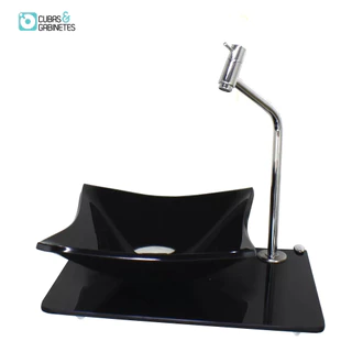 KIT CUBA DE VIDRO 10MM TAMPO 40CM PRETO FULL COM SUPORTE TORNEIRA VALVULA