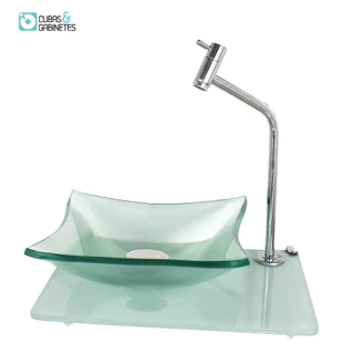 KIT CUBA DE VIDRO 10MM INCOLOR TAMPO 40CM BRANCO FULL COM SUPORTE TORNEIRA VALVULA