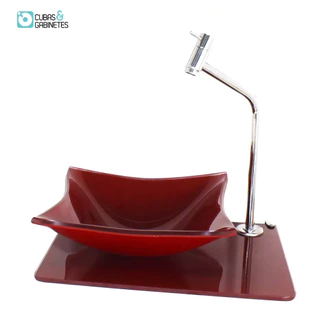 CUBA DE VIDRO 10MM TAMPO 40CM VERMELHO CEREJA FULL COM SUPORTE TORNEIRA VALVULA