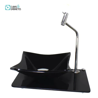 CUBA DE VIDRO QUADRADA 10MM COM TAMPO 40CM PRETO FULL E SUPORTE CROMADO