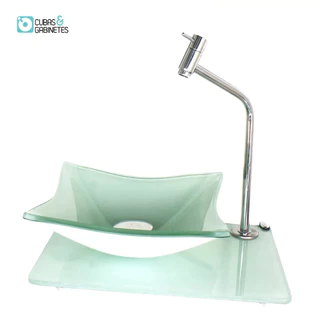 CUBA DE VIDRO QUADRADA COM TAMPO 40CM BRANCO FULL E SUPORTE CROMADO
