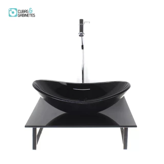 KIT CUBA DE VIDRO OVAL 10MM COM TAMPO DE VIDRO 40CM X 40CM PRETO FULL E SUPORTE TORNEIRA VALVULA