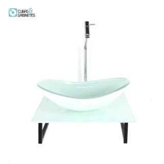 KIT CUBA DE VIDRO OVAL 10MM COM TAMPO DE VIDRO 40CM X 40CM BRANCO FULL E SUPORTE TORNEIRA VALVULA