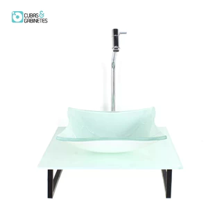 KIT CUBA DE VIDRO QUADRADA 10MM COM TAMPO DE VIDRO 40CM X 40CM BRANCO FULL E SUPORTE TORNEIRA VALVULA