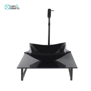 KIT CUBA DE VIDRO QUADRADA 10MM COM TAMPO DE VIDRO 40CM X 40CM PRETO FULL E SUPORTE PRETO