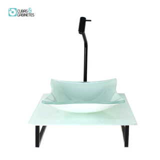 KIT CUBA DE VIDRO QUADRADA 10MM COM TAMPO DE VIDRO 40CM X 40CM BRANCO FULL E SUPORTE PRETO