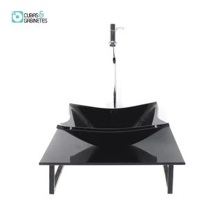 KIT CUBA DE VIDRO QUADRADA 10MM COM TAMPO DE VIDRO 40CM X 40CM PRETO FULL E SUPORTE TORNEIRA VALVULA