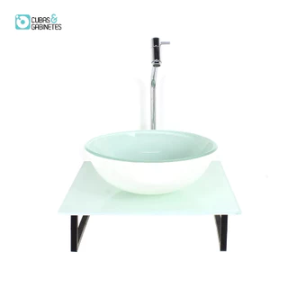 KIT CUBA DE VIDRO REDONDA 10MM COM TAMPO DE VIDRO 40CM X 40CM BRANCO FULL E SUPORTE TORNEIRA VALVULA