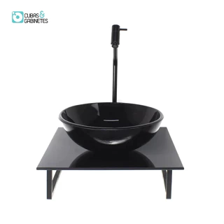 KIT CUBA DE VIDRO REDONDA 10MM COM TAMPO DE VIDRO 40CM X 40CM PRETO FULL E SUPORTE PRETO