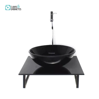 KIT CUBA DE VIDRO REDONDA 10MM COM TAMPO DE VIDRO 40CM X 40CM PRETO FULL E SUPORTE TORNEIRA VALVULA