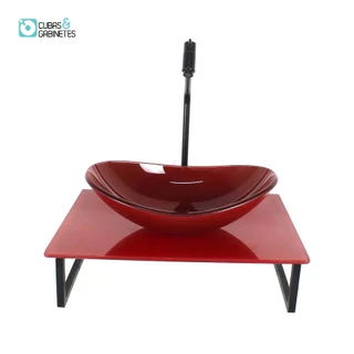 KIT CUBA DE VIDRO OVAL 10MM COM TAMPO DE VIDRO 40CM X 40CM VERMELHO CEREJA FULL E SUPORTE PRETO