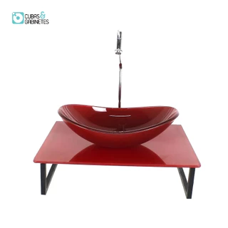KIT CUBA DE VIDRO OVAL 10MM COM TAMPO DE VIDRO 40CM X 40CM VERMELHO CEREJA FULL E SUPORTE TORNEIRA VALVULA