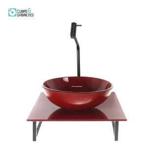 KIT CUBA DE VIDRO REDONDA 10MM COM TAMPO DE VIDRO 40CM X 40CM VERMELHO CEREJA FULL E SUPORTE PRETO