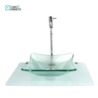 KIT CUBA DE VIDRO QUADRADA 10MM INCOLOR COM TAMPO 50CM BRANCO FULL E SUPORTE CROMADO