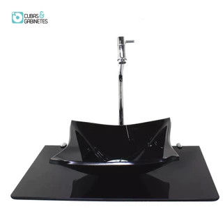 KIT CUBA DE VIDRO 10MM TAMPO 50CM PRETO FULL COM SUPORTE TORNEIRA VALVULA