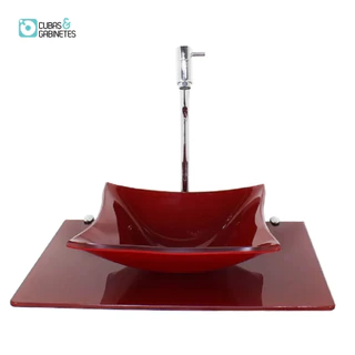KIT CUBA DE VIDRO 10MM TAMPO 50CM VERMELHO CEREJA FULL COM SUPORTE TORNEIRA VALVULA