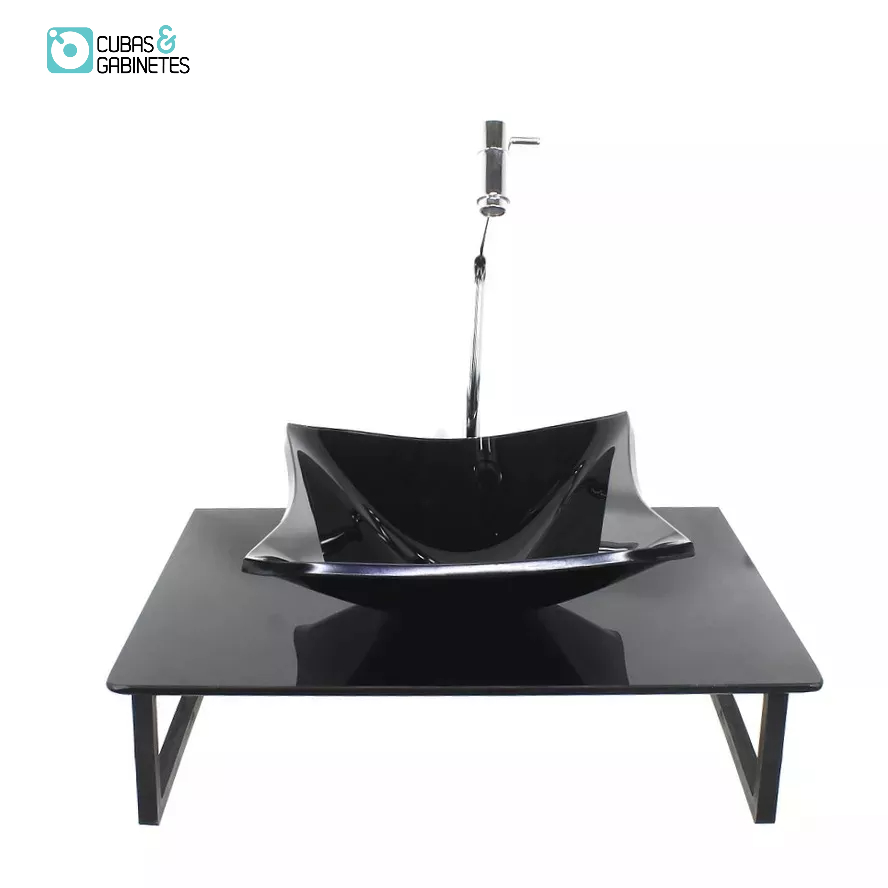 KIT CUBA DE VIDRO QUADRADA 10MM COM TAMPO 50CM PRETO FULL E SUPORTE PRETO