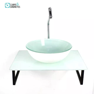 KIT CUBA DE VIDRO REDONDA 10MM TAMPO 50CM BRANCO FULL COM SUPORTE TORNEIRA VALVULA