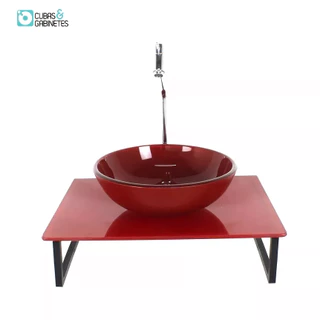 KIT CUBA DE VIDRO REDONDA 10MM TAMPO 50CM VERMELHO CEREJA FULL COM SUPORTE TORNEIRA VALVULA