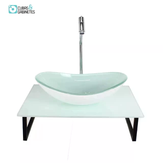 KIT CUBA DE VIDRO OVAL 10MM TAMPO 50CM BRANCO FULL COM SUPORTE TORNEIRA VALVULA