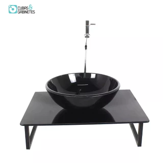 KIT CUBA DE VIDRO REDONDA 10MM COM TAMPO 50CM PRETO FULL E SUPORTE PRETO