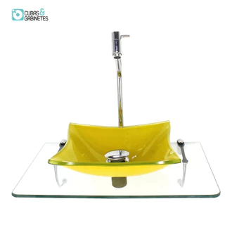 KIT CUBA DE VIDRO QUADRADA 10MM AMARELA COM TAMPO 50CM INCOLOR E SUPORTE CROMADO